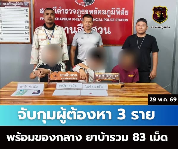 ชุดสืบสวน สภ.พยัคฆภูมิพิสัย ร่วมกันจับกุมผู้ต้องหา รวม 3 ราย พร้อมของกลาง ยาบ้า รวม 83 เม็ด ไอซ์ 0.53 กรัม